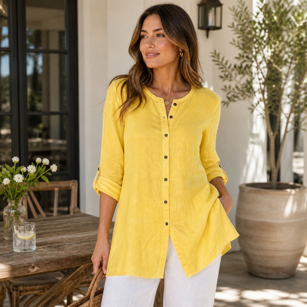 Saks Fifth Avenue Threads Yellow 100% Linen Button Front Tunic Top Womens Medium